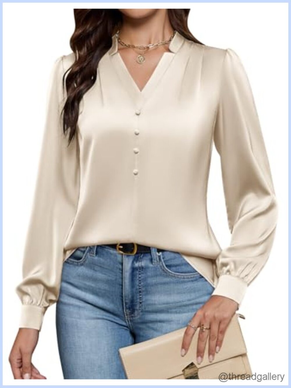 Womens Satin Long Sleeve V-Neck Blouse Business Casual Work Top